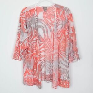 Chicos Womens Burnout Open Front Cardigan Coral Zebra Print Lightweight Size 2 L